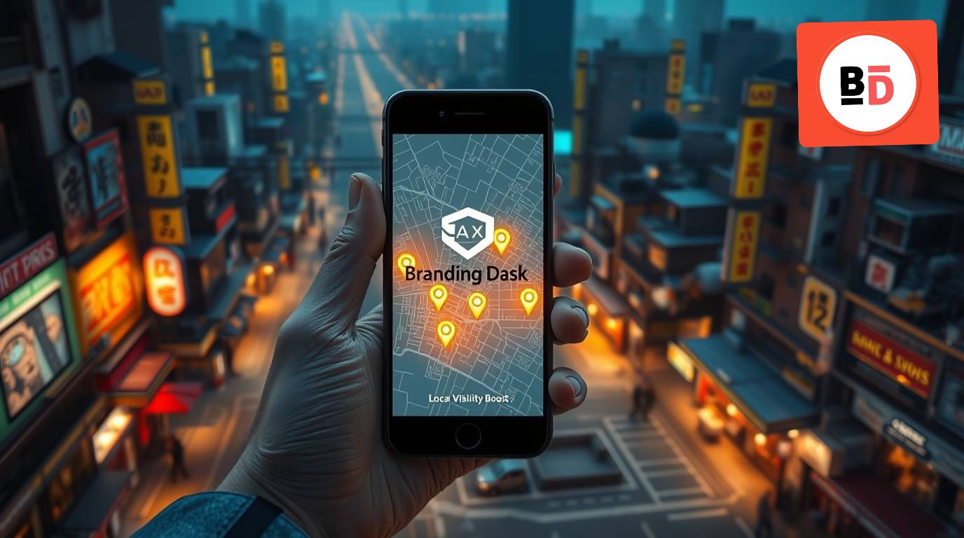 An urban neighborhood map with digital markers highlighting multiple local business citations popping up as glowing icons. In the foreground, a person holds a smartphone displaying the Branding Dask logo and a ‘Local Visibility Boost’ message. The setting suggests the connection between local search, customer proximity, and citation impact, under soft daylight.